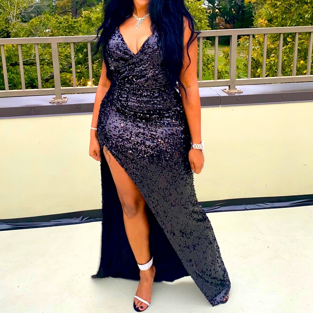 Black sequin dress with split